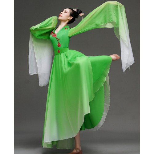 Women girls Green  gradient waterfall Sleeves chinese folk classical Dance Costume traditional hanfu fairy fan umbrella dance dresses for woman